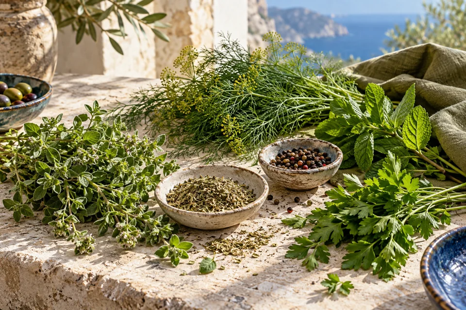 Verse kruiden op een zonnige tafel in mediterrane sfeer