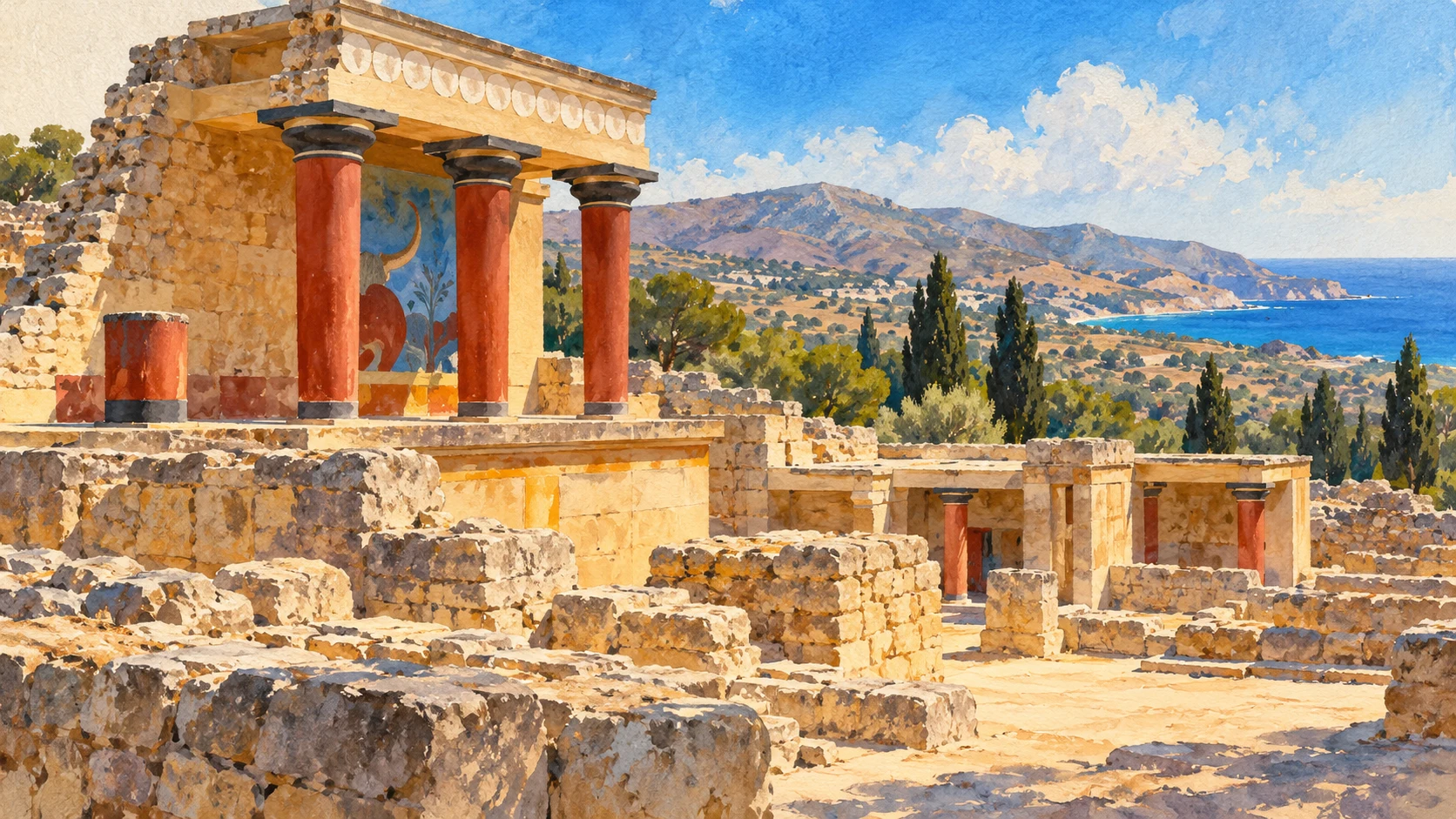 AI-impressie van gerestaureerde rode zuilen en fragmentarische stenen muren bij Knossos