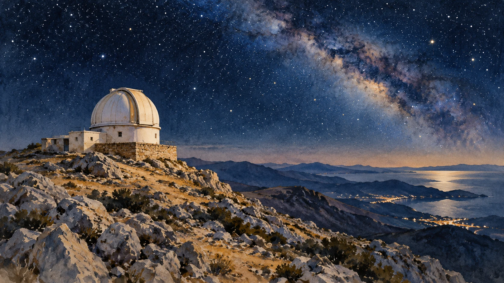AI-impressie van een observatoriumkoepel op een rotsige Kretenzische berg onder een sterrenhemel